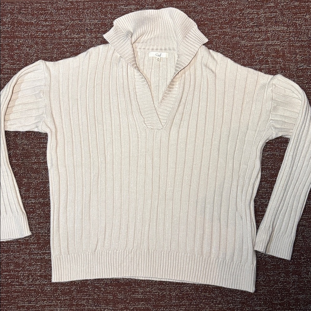 Easel sweater cream rib knit collared v neck cozy‎ preppy neutral sweater medium